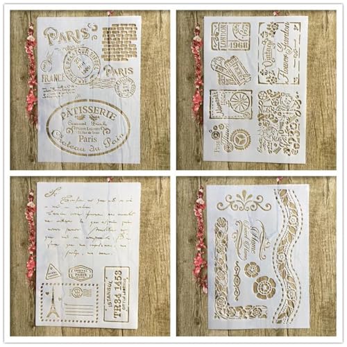 Schablonen zum Malen, 4 Stück, A4, 29 x 21 cm, Paris-Stempelschablone zum Malen auf Holz, Wand, Leinwand, Stoff, Stein, Schild, DIY Handwerk Kunstprojekte von KUNGZUNMOLDS
