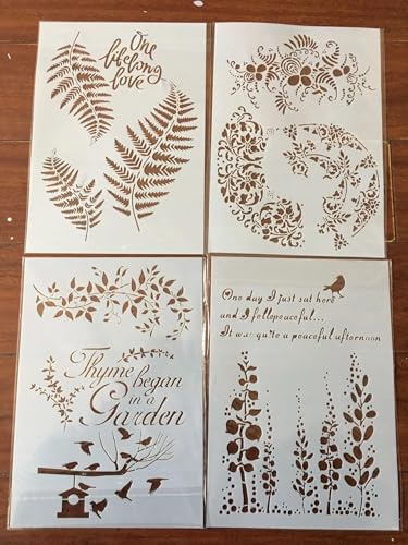 Schablonen zum Malen, 4 Stück, A4, 29 x 21 cm, Pflanzenblatt-Blumenschablone zum Malen auf Holz, Wand, Leinwand, Stoff, Stein, Schild, Bastelkunstprojekte von KUNGZUNMOLDS