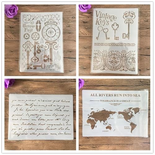 Schablonen zum Malen, 4 Stück, A4, 29 x 21 cm, Retro-Schlüsselmuster, Schablone zum Malen auf Holz, Wand, Leinwand, Stoff, Stein, Schild, Bastelkunstprojekte von KUNGZUNMOLDS