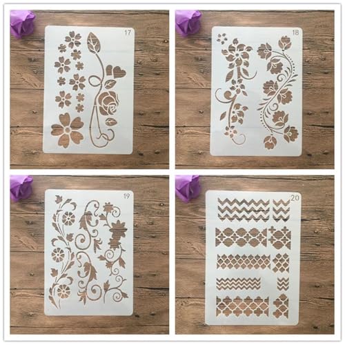 Schablonen zum Malen, A4, 29 x 21 cm, Blätter, Blumen, Baum, Pflanzenschablone zum Malen auf Holz, Wand, Leinwand, Stoff, Stein, Schild, Bastelkunstprojekte, 4 Stück von KUNGZUNMOLDS