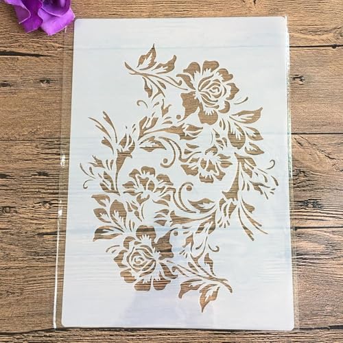 Schablonen zum Malen auf Holz, 29 x 21 cm, Vintage-Blumenbordüre, wiederverwendbare Schichtschablonen für Malerei, DIY, Handwerk auf Holzwand, Heimdekoration, Scrapbook, Malvorlage, Muster B von KUNGZUNMOLDS