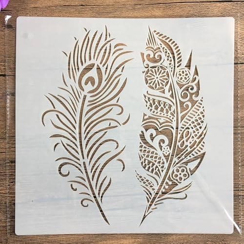 Schablonen zum Malen auf Holz, 30 x 30 cm, Feder, wiederverwendbare Schichtschablonen zum Malen, Basteln, Basteln auf Holzwand, Heimdekoration, Scrapbook, Malvorlage B von KUNGZUNMOLDS