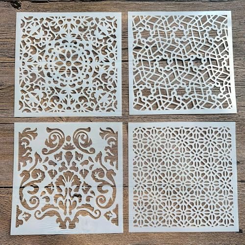 Schablonen zum Malen auf Holz, 4 Stück, 15 x 15 cm, Blumen, wiederverwendbare Schichtschablonen zum Malen, Basteln, Basteln auf Holzwand, Heimdekoration, Scrapbook, Malvorlage, Muster A von KUNGZUNMOLDS