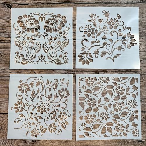 Schablonen zum Malen auf Holz, 4 Stück, 15 x 15 cm, Blumen, wiederverwendbare Schichtschablonen zum Malen, Basteln, Basteln auf Holzwand, Heimdekoration, Scrapbook, Malvorlage von KUNGZUNMOLDS