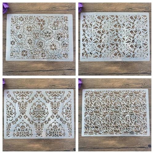 Schablonen zum Malen auf Holz, 4 Stück, A4, 29 x 21 cm, Blume, wiederverwendbare Schichtschablonen zum Malen, Basteln, Basteln auf Holzwand, Heimdekoration, Scrapbook, Malvorlage von KUNGZUNMOLDS