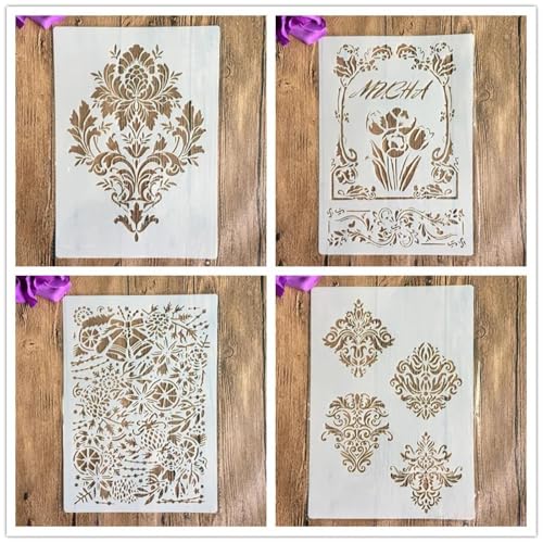 Schablonen zum Malen auf Holz, 4 Stück, A4, 29 x 21 cm, Blumen, wiederverwendbare Schichtschablonen zum Malen, Basteln, Basteln auf Holzwand, Heimdekoration, Scrapbook, Malvorlage, Muster T von KUNGZUNMOLDS