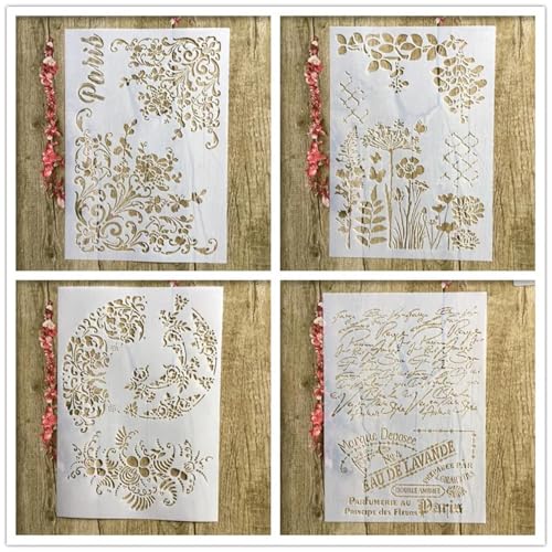 Schablonen zum Malen auf Holz, 4 Stück, A4, 29 x 21 cm, Blumenmuster, französisches Wort, wiederverwendbare Schichtschablonen für Malerei, DIY, Handwerk auf Holzwand, Heimdekoration, Scrapbook von KUNGZUNMOLDS