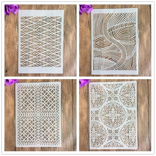 Schablonen zum Malen auf Holz, 4 Stück, A4, 29 x 21 cm, Geometrie, wiederverwendbare Schichtschablonen für Malerei, DIY, Handwerk auf Holzwand, Heimdekoration, Scrapbook, Malvorlage von KUNGZUNMOLDS
