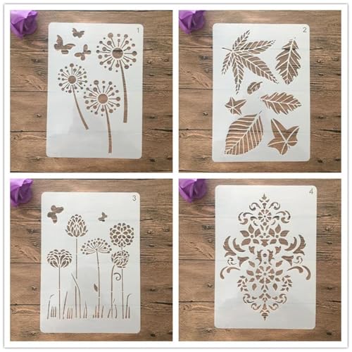 Schablonen zum Malen auf Holz, 4 Stück, A4, 29 x 21 cm, Grasblätter, Blumen, wiederverwendbare Schichtschablonen zum Malen, Basteln, Basteln auf Holzwand, Heimdekoration, Scrapbook, Malvorlage von KUNGZUNMOLDS