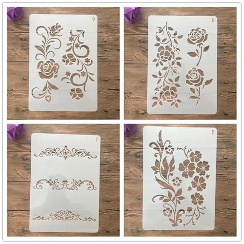 Schablonen zum Malen auf Holz, 4 Stück, A4, 29 x 21 cm, Kronenblätter, Blumen, wiederverwendbare Schichtschablonen zum Malen, Basteln, Basteln auf Holzwand, Heimdekoration, Scrapbook, Malvorlage von KUNGZUNMOLDS