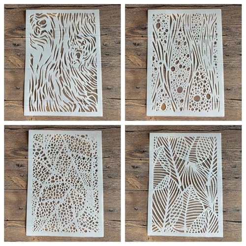 Schablonen zum Malen auf Holz, 4 Stück, A4, 29 x 21 cm, Maserung, wiederverwendbare Schichtschablonen zum Malen, Basteln, Basteln, auf Holzwand, Heimdekoration, Scrapbook, Malvorlage von KUNGZUNMOLDS