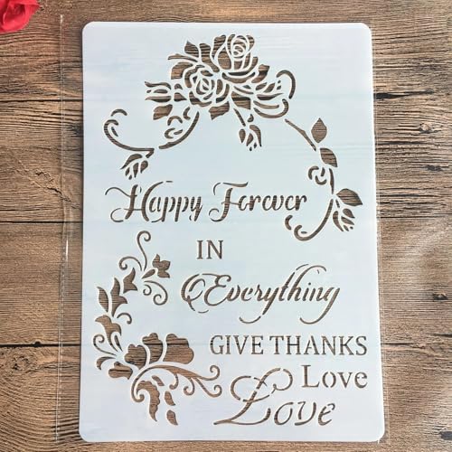 Schablonen zum Malen auf Holz, A4, 29 x 21 cm, Motiv: Happy Flowers Love, wiederverwendbare Schichtschablonen zum Malen, Basteln, Basteln auf Holzwand, Heimdekoration, Scrapbook, Malvorlage von KUNGZUNMOLDS