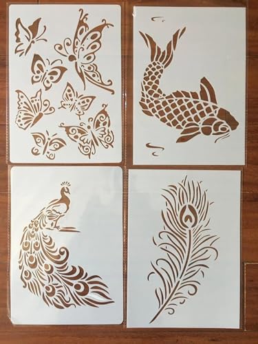 Schablonen zum Malen auf Holz, A4, 29 x 21 cm, Pfauenfedern, Fisch, Schmetterling, wiederverwendbare Schichtschablonen zum Malen, Basteln, Basteln, auf Holz, Wand, Heimdekoration, Scrapbook von KUNGZUNMOLDS