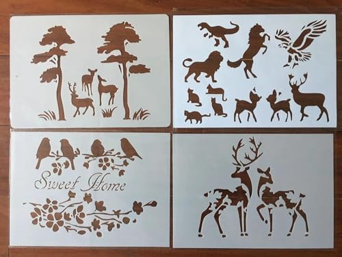 Schablonen zum Malen auf Holz, A4, 29 x 21 cm, Tier, Sika, Hirsch, Vogel, wiederverwendbare Schichtschablonen zum Malen, Basteln, auf Holzwand, Heimdekoration, Scrapbook, Malvorlage, 4 Stück von KUNGZUNMOLDS