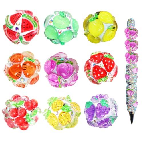 KUNHEHO 9 Stück Obst-Strassperlen für Stifte, große Kristall-Obstdekoration, klobige Glitzerperlen für Perlenstifte, Schmuck, Schlüsselanhänger, Basteln von KUNHEHO