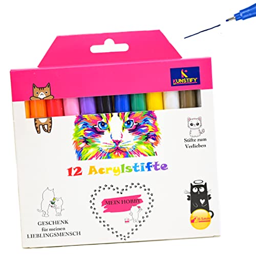 KUNSTIFY Acrylstifte - 12 Farben in einem Set - 0,5mm - wasserfest - Marker Stifte - vielseitig anwendbar - Filzstift - für Kinder und Erwachsene von KUNSTIFY