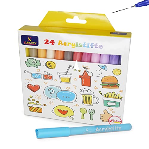 KUNSTIFY Acrylstifte - 24 Farben - 0,5mm - wasserfest - Marker Stifte - vielseitig anwendbar - Filzstift - für Kinder und Erwachsene von KUNSTIFY