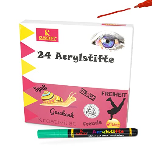 KUNSTIFY Acrylstifte - 24 Farben - 0,7mm - wasserfest - Marker Stifte - vielseitig anwendbar - Filzstift - für Kinder und Erwachsene von KUNSTIFY
