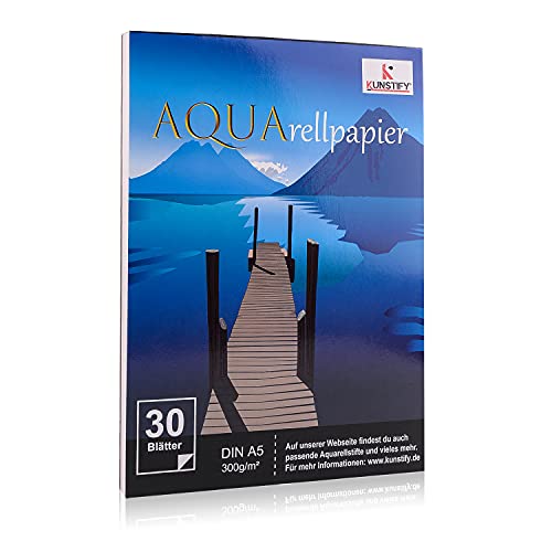 KUNSTIFY Aquarellpapier A5-30 Blätter Aquarellblock - 300g/m² dickes Aquarellpapier - Acrylpapier oder Watercolor Paper für Aquarellfarben (DIN A5-30 Blatt) von KUNSTIFY