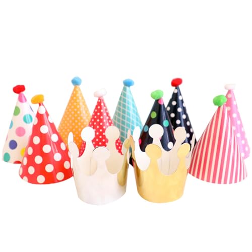 KUOXAN 11 Stück Partyhüte, Kegel-Geburtstagshüte, Papier-Partyhüte für Kinder, DIY-Geburtstagskrone, Papierhüte, Weihnachten, Neujahr, Partyhüte mit Pompons (9 Hüte + 2 Kronen) von KUOXAN
