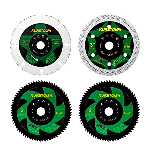 KURSTOL Trennscheibe 75mm 4 Stücke - 1St. Diamant Trennscheibe für Keramik, 1St. Hartmetall Trennscheibe für Holz, 2St. HSS Trennscheiben für Metall, mit 10mm Bohrungsdurchmesser von KURSTOL