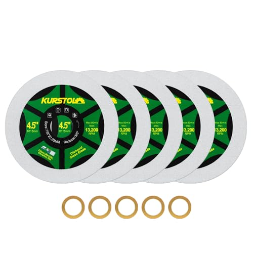 KURSTOL Diamant-Glas Trennscheibe – 5 Stück 115mm ultradünne Trennscheibe, Bohrung 22,23–15,875 mm für Glas, Keramik Fliesen, Jade, Kristall, Weinflaschen KURSTOL Diamant-Glas Trennscheibe – 5 Stück 115mm ultradünne Trennscheibe, Bohrung 22,23–15,875 mm für Glas, Keramik Fliesen, Jade, Kristall, Weinflaschen von KURSTOL