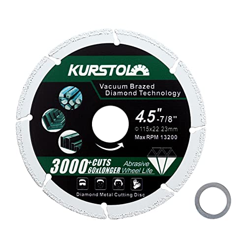 KURSTOL Diamant Metalltrennscheibe - Durchmesser 115mm Vakuumlöt Trennscheibe mit einer Reduzierscheibe 22.23-16mm Diamantscheibe für Rebar Winkel Eisen Blech Edelstahl schneiden KURSTOL Diamant Metalltrennscheibe - Durchmesser 115mm Vakuumlöt Trennscheibe mit einer Reduzierscheibe 22.23-16mm Diamantscheibe für Rebar Winkel Eisen Blech Edelstahl schneiden von KURSTOL