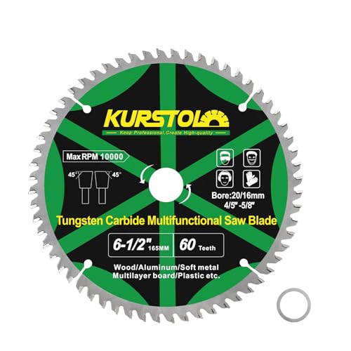 KURSTOL Kreissägeblatt für Holz – 165mm TCT Holz Trennscheibe, 32T Hartmetall-Trennscheibe mit Bohrung 20mm-16mm für Holz, Laminate, Aluminium, Kupfer, Nichteisenmetalle, Kunststoff von KURSTOL