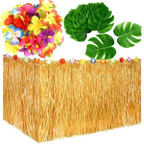 KUUQA Luau Hawaiian Grass Tisch Rock und 48 Stück Künstliche Tropische Palme Monstera Blätter Hibiskusblüten für Aloha Tiki Dschungel Moana Thema Tropical Birthday Party Dekorationen Ideen Lieferungen von KUUQA
