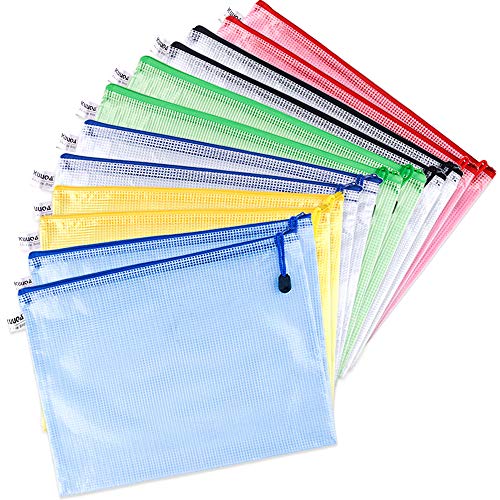 KUUQA 12 Stück A4 Mesh Dokumententasche Wasserdicht Zipper Taschen, PVC-Material, 32cm x 23cm, rot, gelb, weiß, blau, schwarz, grün von KUUQA