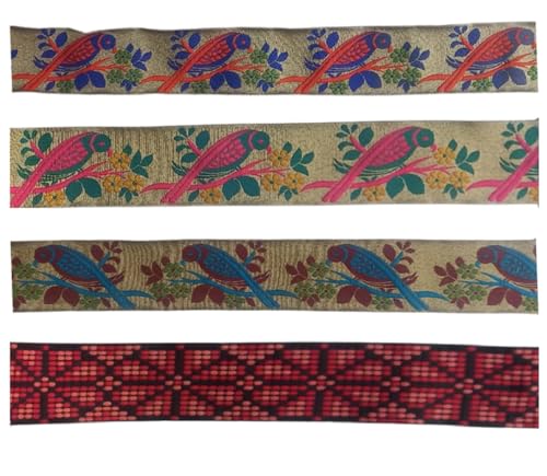 KVR Polyester-Brokat-Jacquard-Bordüre, Blumenmuster, Nähen, Stickerei, Dekoration, Spitzenband (Combo-73, 5,1 cm breit, 2,5 m x 4 Design = 10 m pro Packung) von KVR