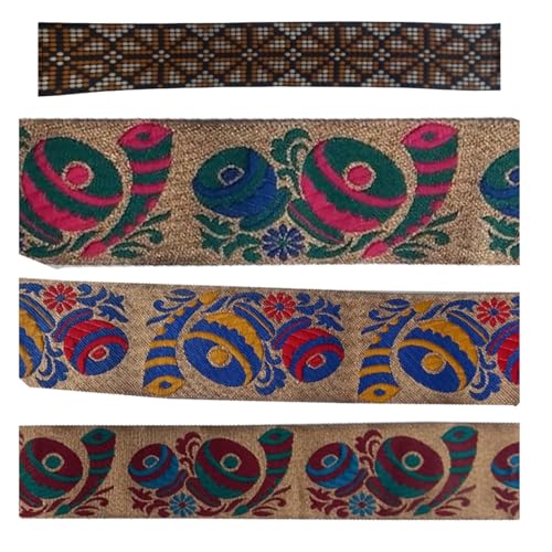 KVR Polyester-Brokat-Jacquard-Bordüre, Blumenmuster, Nähen, Stickerei, Dekoration, Spitzenband (Combo-80, 5,1 cm breit, 2,5 m x 4 Design = 10 m in einer Packung) von KVR
