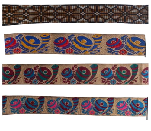 KVR Polyester-Brokat-Jacquard-Bordüre, Blumenmuster, Nähen, Stickerei, Dekoration, Spitzenband (Combo-81, 5,1 cm breit, 2,5 m x 4 Design = 10 m pro Packung) von KVR