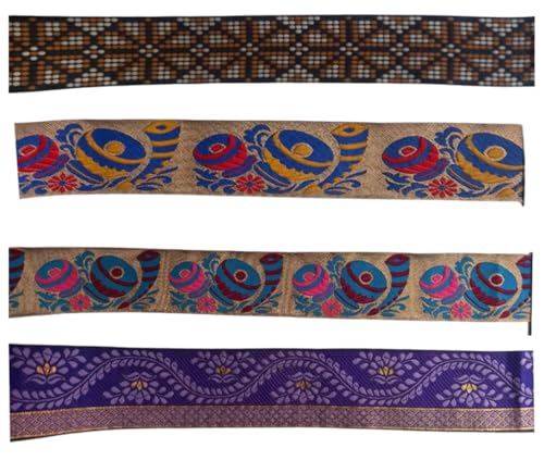 KVR Polyester-Brokat-Jacquard-Bordüre, Blumenmuster, Nähen, Stickerei, Dekoration, Spitzenband (Combo-82, 5,1 cm breit, 2,5 m x 4 Design = 10 m pro Packung) von KVR