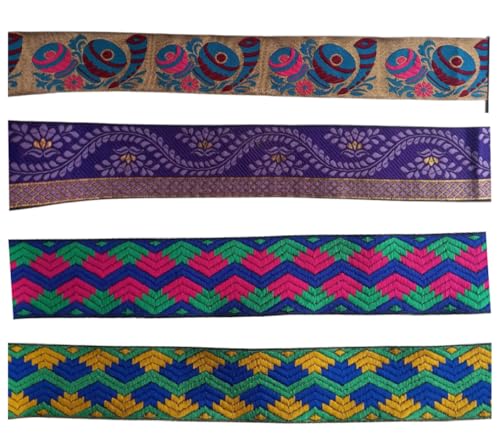 KVR Polyester-Brokat-Jacquard-Bordüre, Blumenmuster, Nähen, Stickerei, Dekoration, Spitzenband (Combo-84, 5,1 cm breit, 2,5 m x 4 Design = 10 m in einer Packung) von KVR