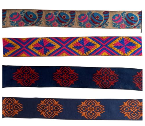 KVR Polyester-Brokat-Jacquard-Bordüre, Blumenmuster, Nähen, Stickerei, Dekoration, Spitzenband (Combo-86, 5,1 cm breit, 2,5 m x 4 Design = 10 m in einer Packung) von KVR