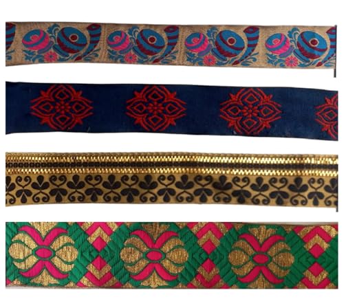 KVR Polyester-Brokat-Jacquard-Bordüre, Blumenmuster, Nähen, Stickerei, Dekoration, Spitzenband (Combo-87, 5,1 cm breit, 2,5 m x 4 Design = 10 m pro Packung) von KVR
