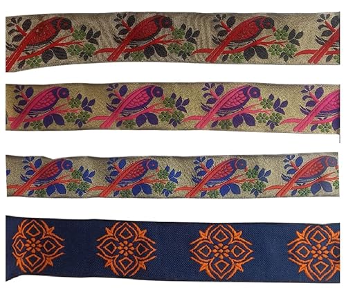 KVR Polyester-Brokat-Jacquard-Bordüre, Blumenmuster, Nähen, Stickerei, Dekoration, Spitzenband (Combo-89, 5,1 cm breit, 2,5 m x 4 Design = 10 m pro Packung) von KVR