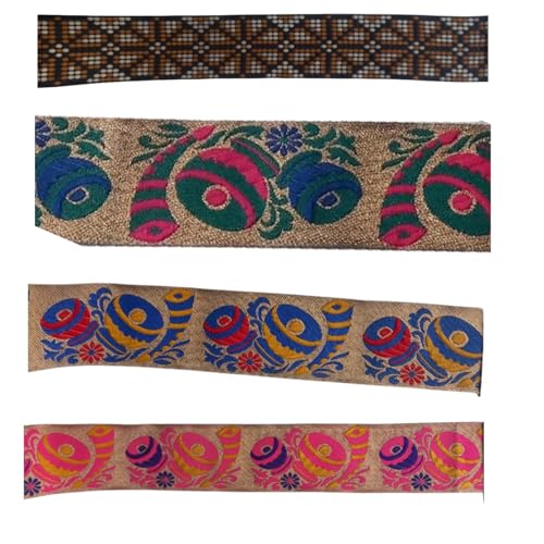 KVR Polyester-Brokat-Jacquard-Bordüre, Blumenmuster, Nähen, Stickerei, Dekoration, Spitzenband (Combo-93, 5,1 cm breit, 2,5 m x 4 Design = 10 m pro Packung) von KVR