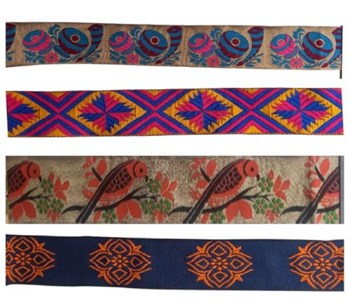 KVR Polyester-Brokat-Jacquard-Bordüre, Blumenmuster, Nähen, Stickerei, Dekoration, Spitzenband (Combo-95, 5,1 cm breit, 2,5 m x 4 Design = 10 m pro Packung) von KVR
