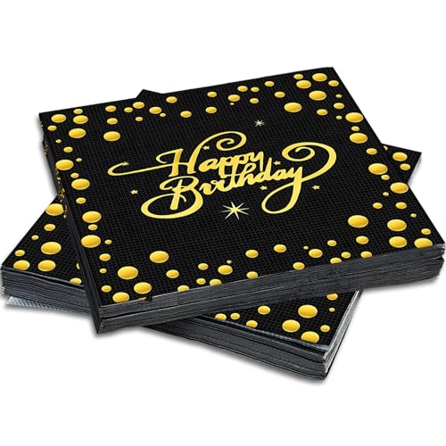 KWJEIULSOQ 40 Stück Servietten Geburtstag Servietten Schwarz Gold,Happy Birthday Servietten Biologisch Abbauba Papierservietten,Folierte Geburtstagsservietten Papier Deko (33x33cm) von KWJEIULSOQ