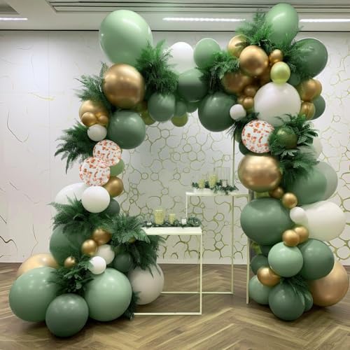 KWJEIULSOQ 50 Stück Luftballons Salbei Grün Gold Weiß Luftballons Set, Helium Luftballons Luftballon Hochzeit Geburtstag Baby Shower Partydekorationen Ballons mit 10m Goldener Band 2 Teile Klebepunkte von KWJEIULSOQ