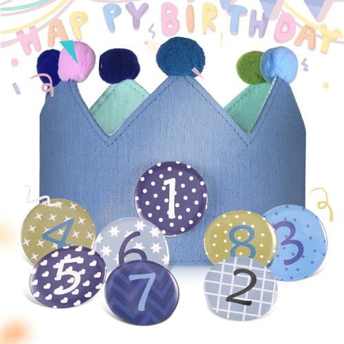 KWJEIULSOQ Geburtstagskrone Kinder-Musselin Stoff-geburtstagskrone junge für den Kindergeburtstag-geburtstagskrone mädchen-mit Button Zahlen von 1-8 |Kindergeburtstag - Pastell - Blau-gewaschen werden von KWJEIULSOQ