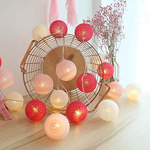 KWODE Lichterkette Cotton Ball, LED Cotton Bälle Light USB & Batteriebetrieben, Rosa Kugel Kette für Innen Mädchen Teenager Baby Zimmer Deko Home Weihnachten Hochzeit Party Ø4cm Kleine Bälle Pink von KWODE