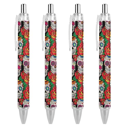 KWQDOZF Kugelschreiber mit mexikanischem Zuckerschädel-Aufdruck für Damen und Herren, 0,5 mm fein, einziehbarer Kugelschreiber, 4 Stück von KWQDOZF