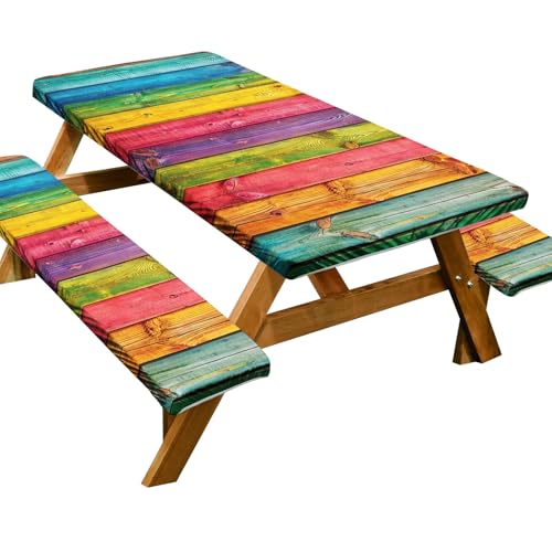 Passgenaue Picknicktischabdeckung mit Bänken, Outdoor-Picknick-Tischabdeckung, 3 Stück, 2,4 m, wasserdicht, rundum, elastisch, Holzmaserung, für Outdoor, Picknick, Grillen, Camping, Party (Farbe 07, 2 von KXWDKJ