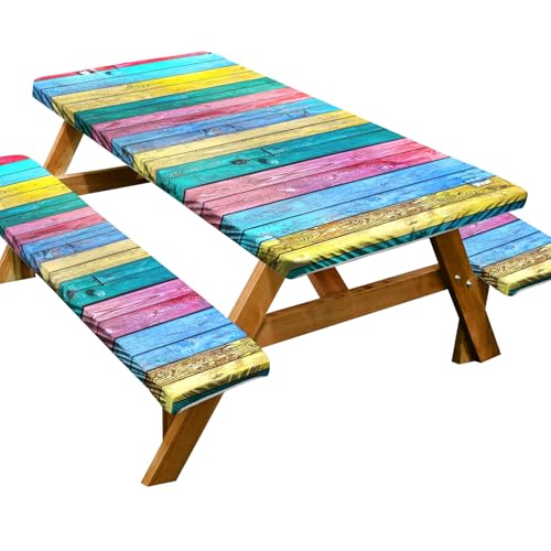 Passgenaue Picknicktischabdeckung mit Bänken, Outdoor-Picknick-Tischabdeckung, 3 Stück, 2,4 m, wasserdicht, rundum, elastisch, Holzmaserung, für Outdoor, Picknick, Grillen, Camping, Party (Farbe 11,2 von KXWDKJ