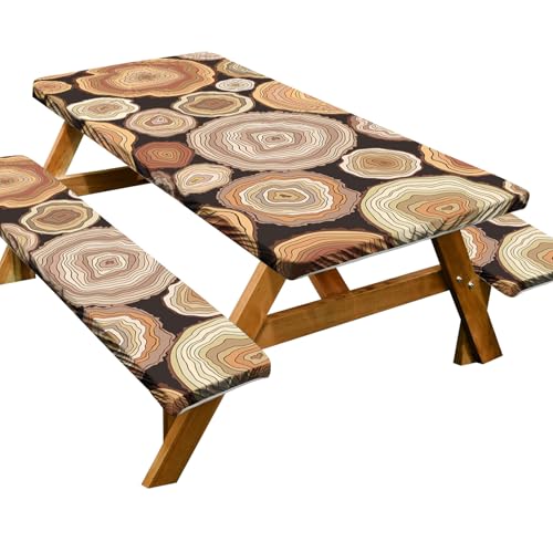 Passgenaue Picknicktischabdeckung mit Bänken, Outdoor-Picknick-Tischabdeckung, 3 Stück, 2,4 m, wasserdicht, rundum, elastisch, Holzmaserung, für Outdoor, Picknick, Grillen, Camping, Party (Farbe 05, 4 von KXWDKJ