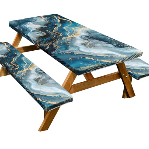 Passgenaue Picknicktischabdeckung mit Bänken, Outdoor-Picknick-Tischabdeckung, 3 Stück, 2,4 m, wasserdicht, rundum, elastisch, Holzmaserung, für Outdoor, Picknick, Grillen, Camping, Party (Farbe 04, 4 von KXWDKJ