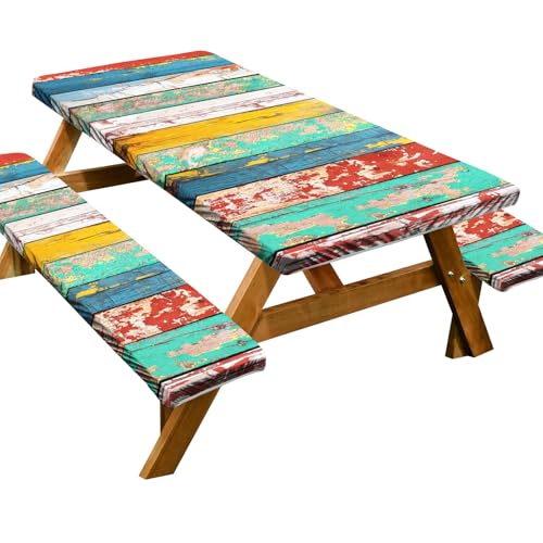 Passgenaue Picknicktischabdeckung mit Bänken, Picknicktischabdeckung, 3 Stück, 2,4 m, wasserdicht, rundum, elastisch, Holzmaserung, für Outdoor, Picknick, Grillen, Camping, Party (Farbe 01, 3 Set) von KXWDKJ